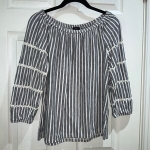 Talbots Black and White Smocked 3/4 Sleeve Blouse